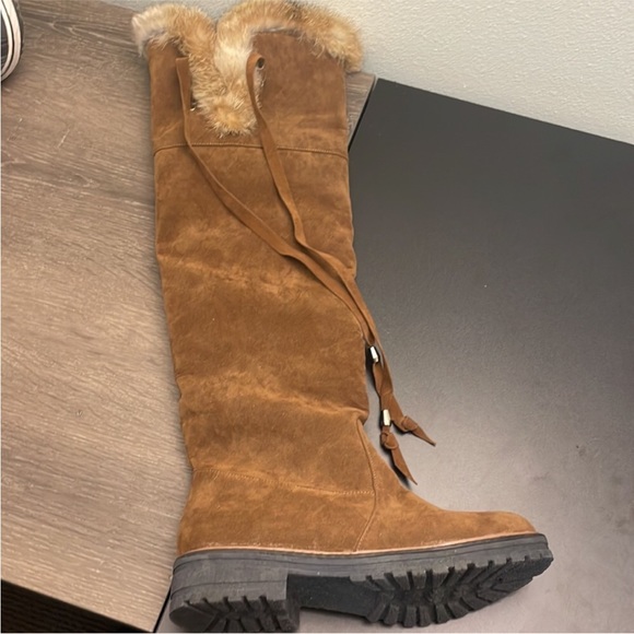 New Brown Vegan Suede Faux Fur and Lined Over The Knee High Flat Heel Boots - Picture 6 of 6